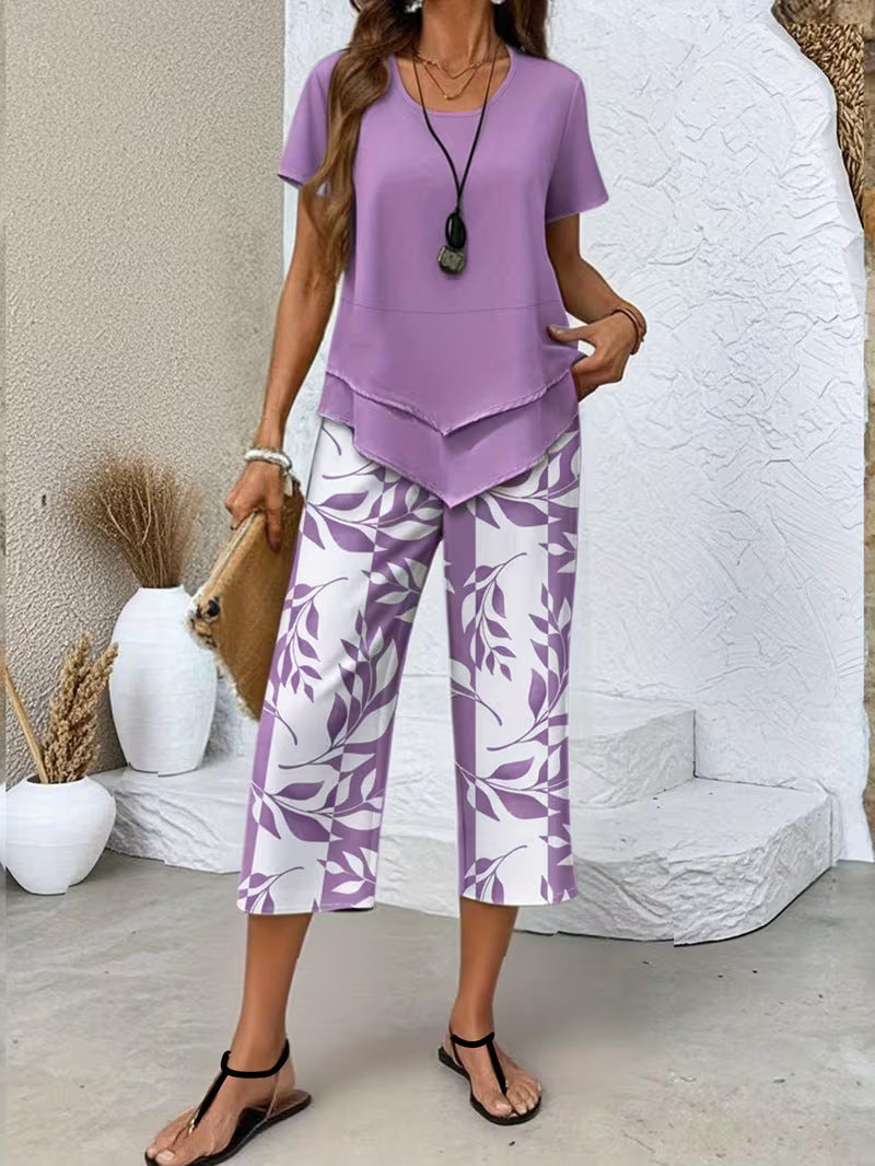 Limited-time 50% off! 🍃 Casual two-piece set—belted top and printed trousers 🌸