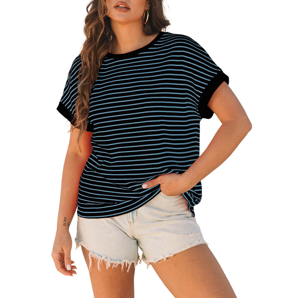 Casual striped color-blocked loose high-elastic short-sleeved shirt
