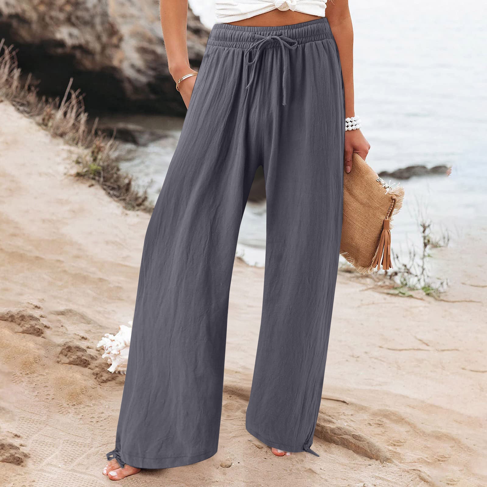 Elastic waist casual solid color wide-leg trousers