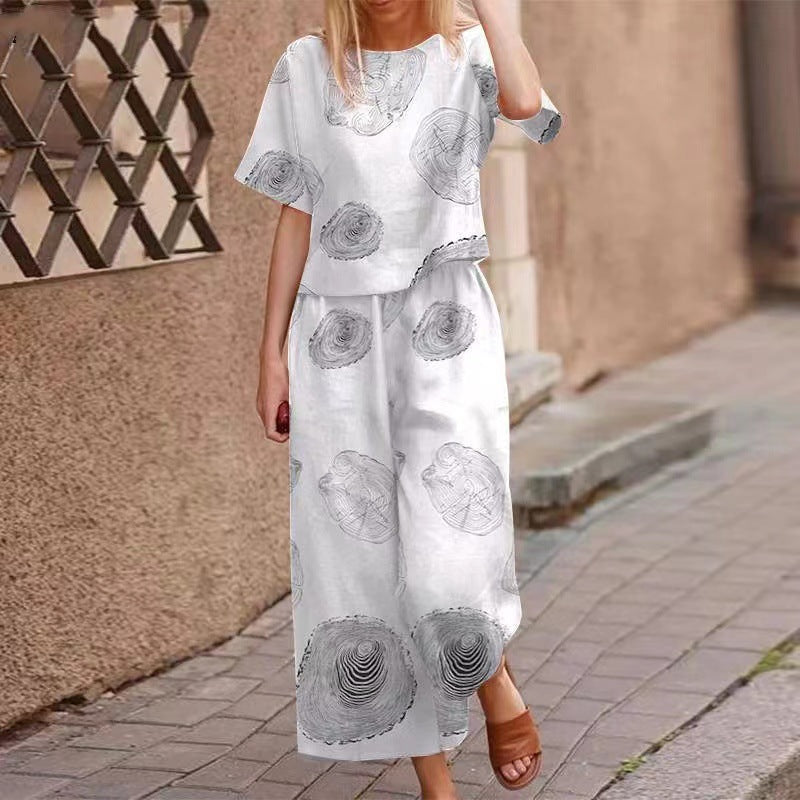 Summer casual printed cotton and linen floral short-sleeved fashion sportswear set