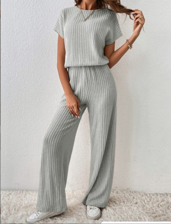 Fashionable drop-shoulder short-sleeved knit set, top and trousers, two-piece set