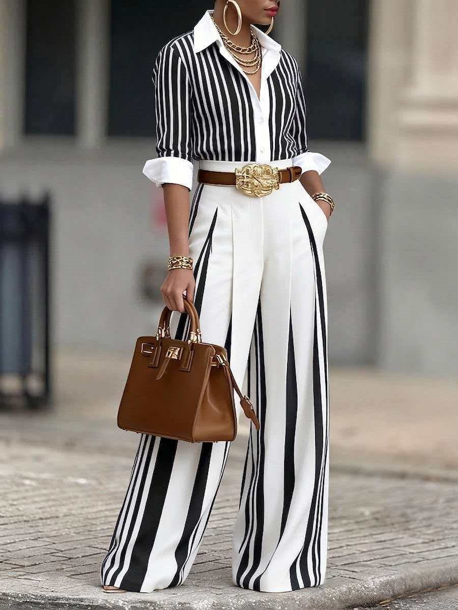 Striped T-shirt and loose-fitting trouser suit