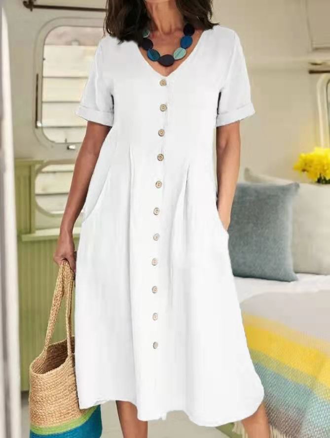 New solid color loose high-waisted cotton linen dress