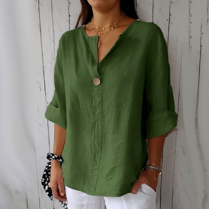 Women's V-neck cotton linen button T-shirt