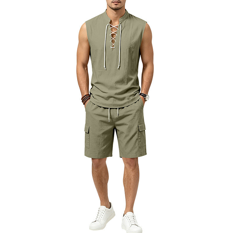 Linen skin-friendly breathable loose sleeveless drawstring shirt and shorts set