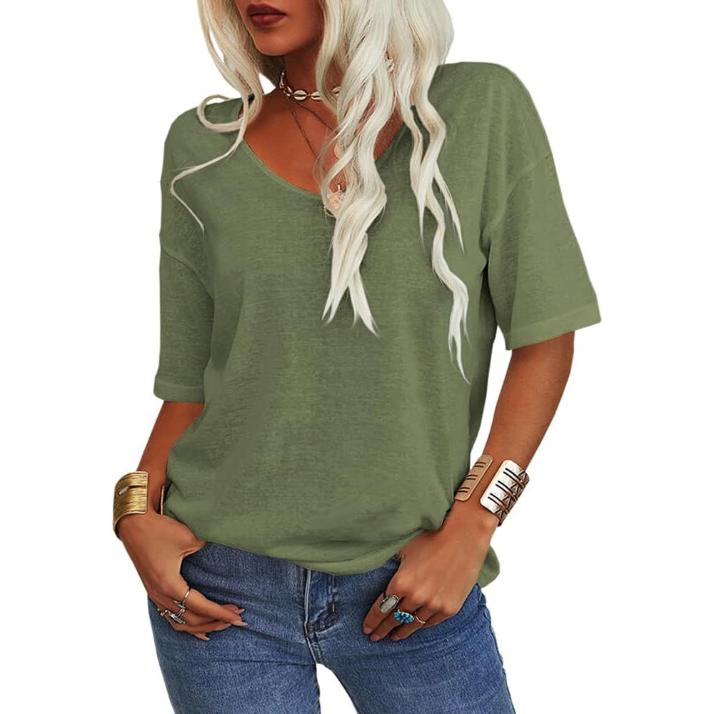 Women's T-shirt, V-neck, short-sleeved, loose-fitting shirt