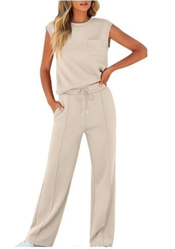 New casual solid color sleeveless top and high-waisted wide-leg pants for women