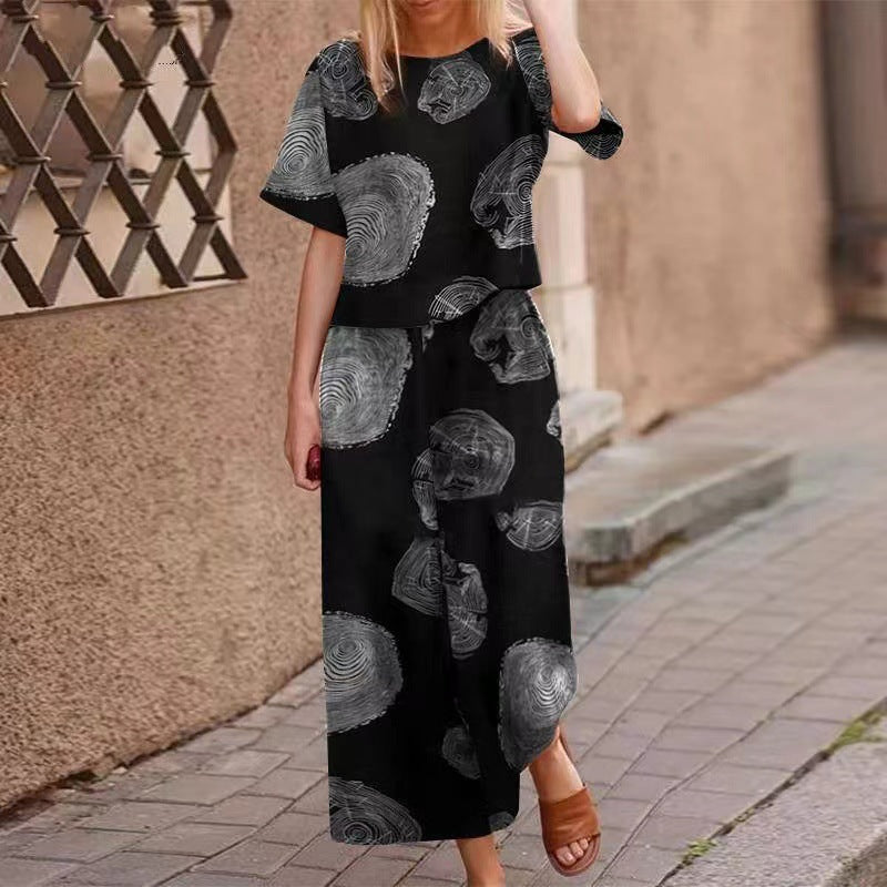 Summer casual printed cotton and linen floral short-sleeved fashion sportswear set