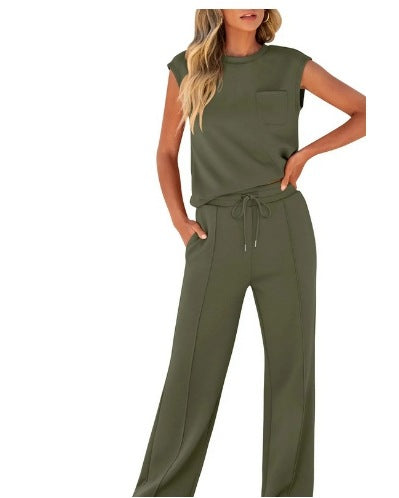New casual solid color sleeveless top and high-waisted wide-leg pants for women
