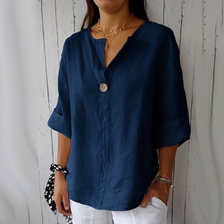 Women's V-neck cotton linen button T-shirt