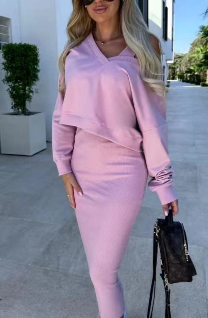 Women's V-neck Vest Dress Sweatshirt Knitwear Set