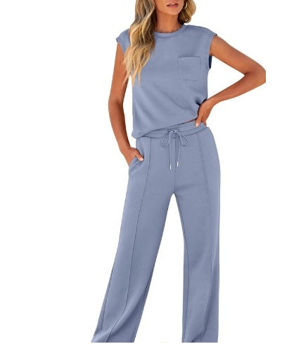 New casual solid color sleeveless top and high-waisted wide-leg pants for women