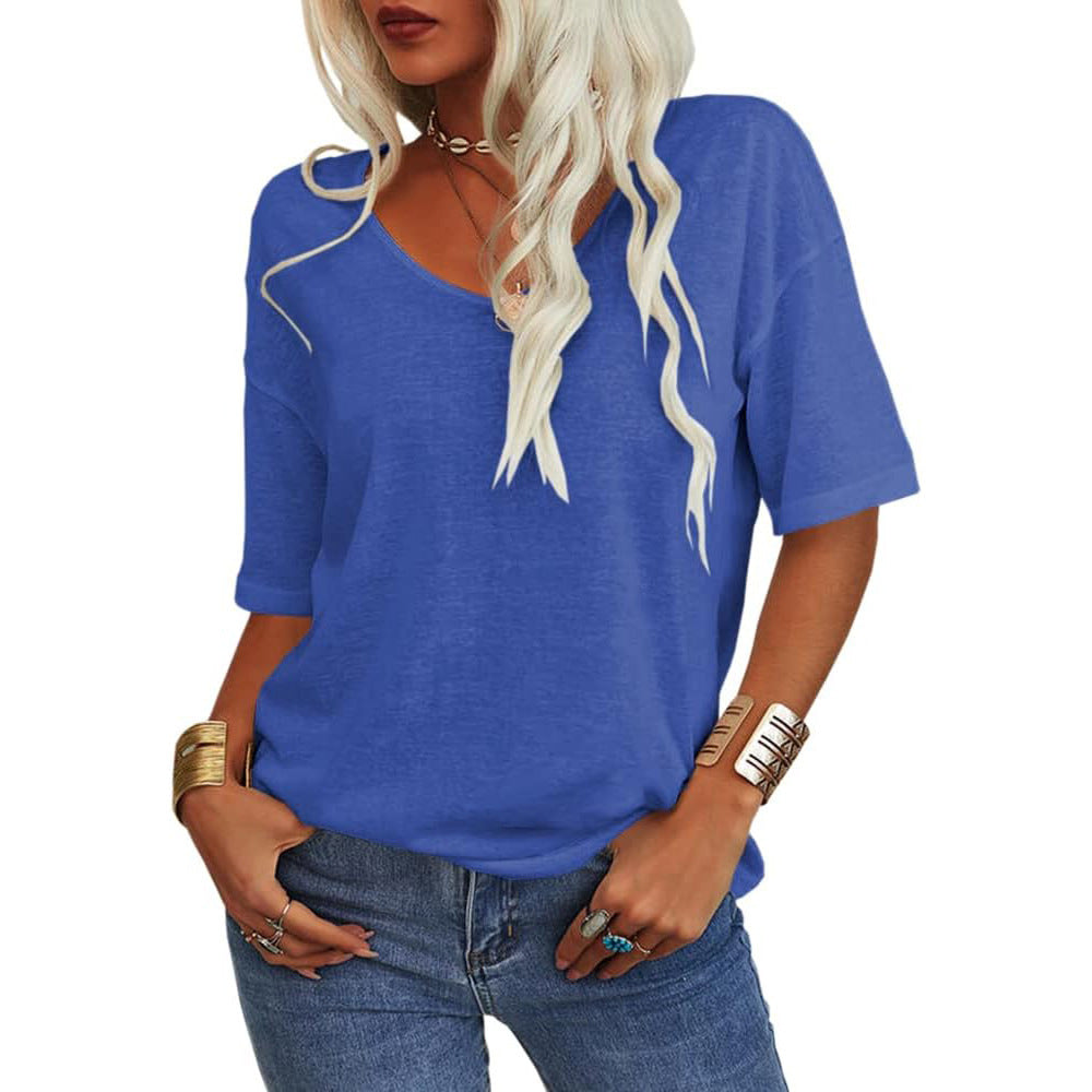 Women's T-shirt, V-neck, short-sleeved, loose-fitting shirt