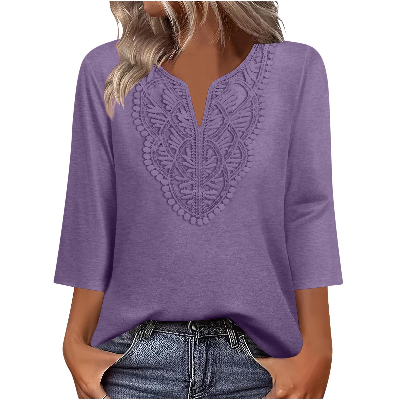 New V-neck lace-trimmed loose-fitting women's solid color three-quarter sleeve top