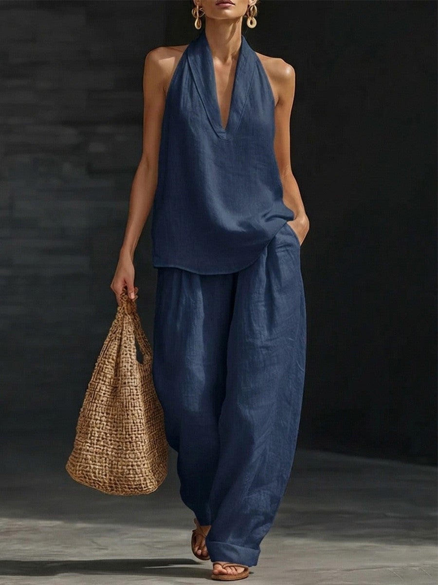 French-style halter neck V-neck backless top and wide-leg pants set