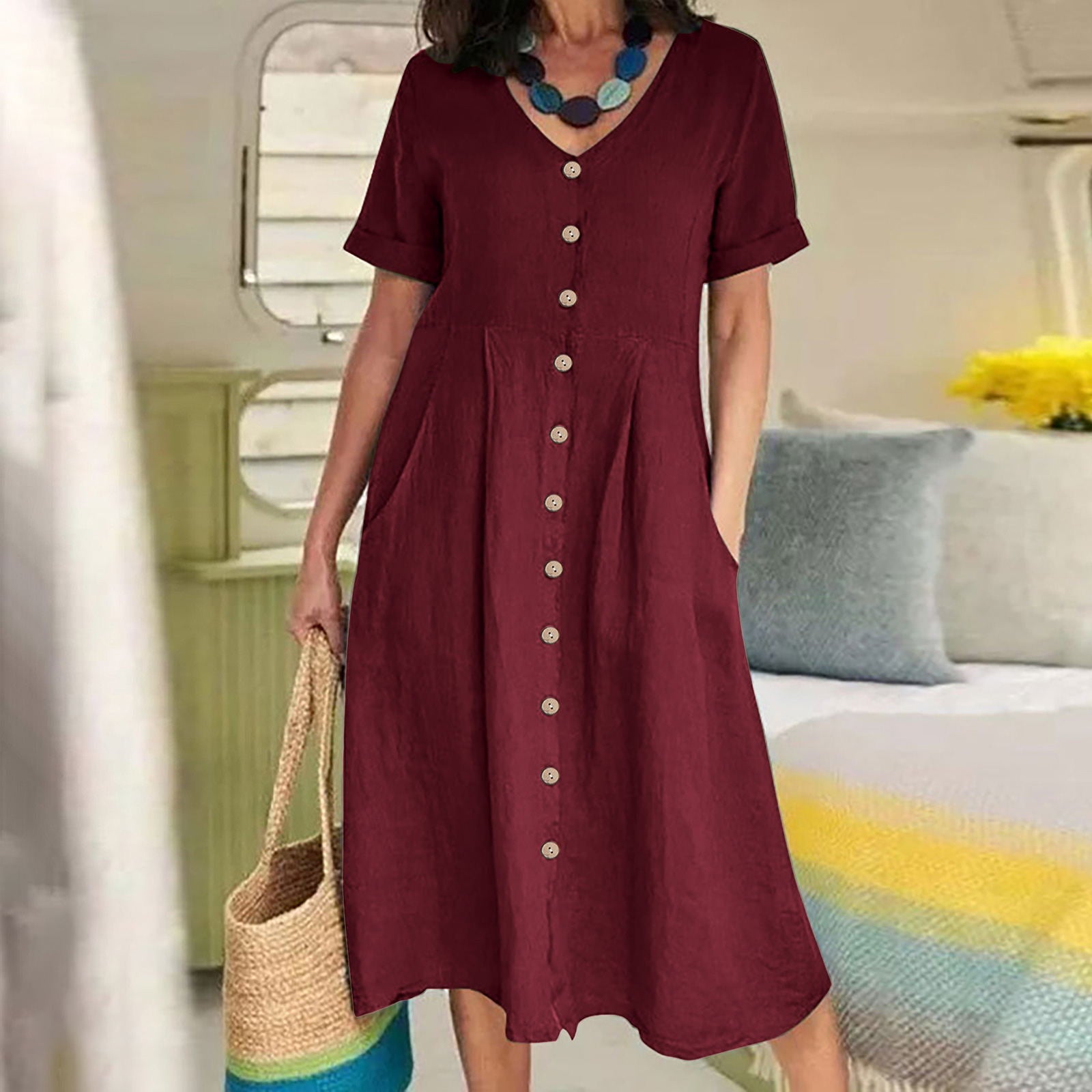 New solid color loose high-waisted cotton linen dress