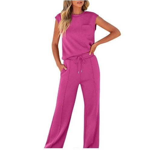 New casual solid color sleeveless top and high-waisted wide-leg pants for women