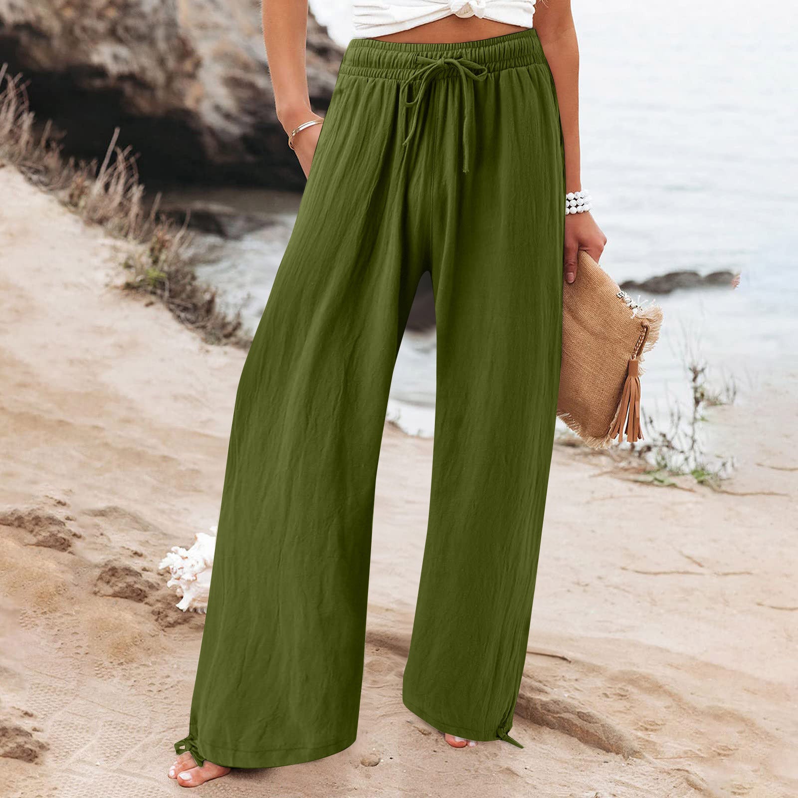 Elastic waist casual solid color wide-leg trousers