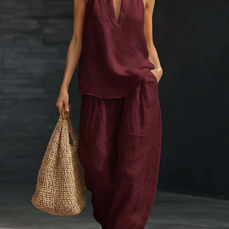 French-style halter neck V-neck backless top and wide-leg pants set