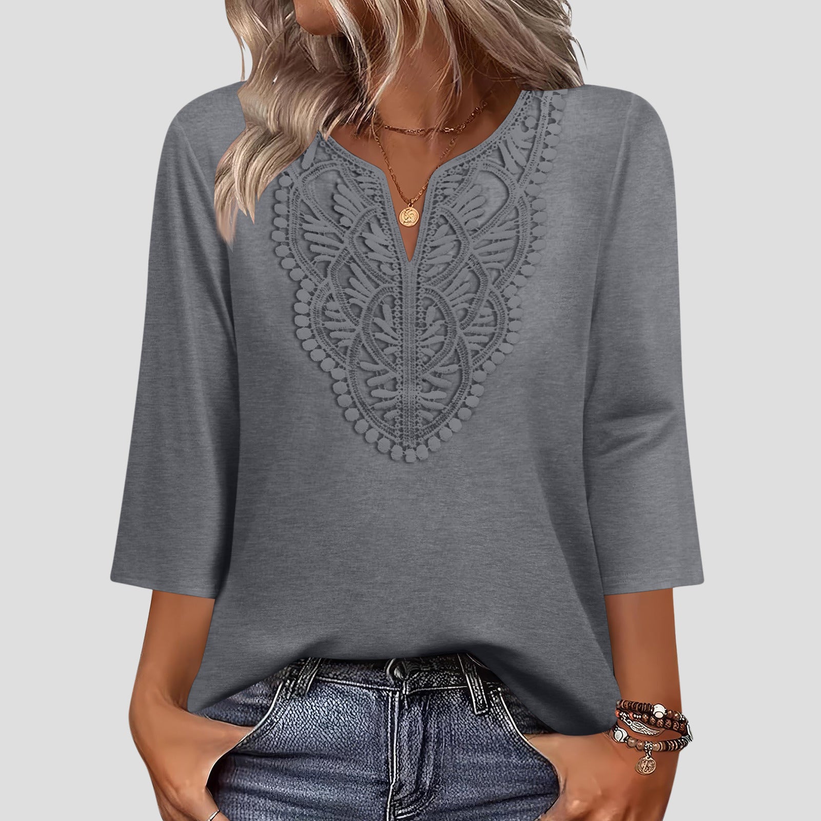 New V-neck lace-trimmed loose-fitting women's solid color three-quarter sleeve top