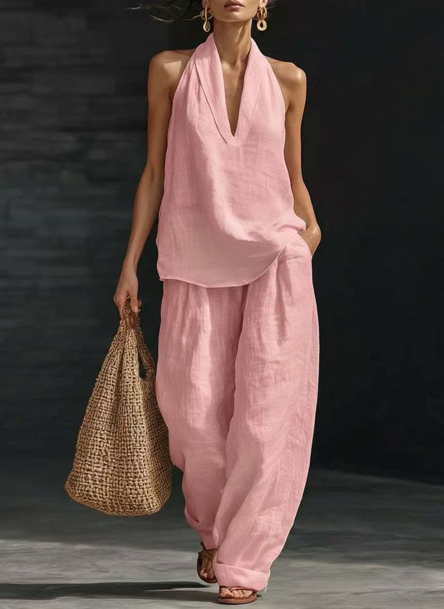 French-style halter neck V-neck backless top and wide-leg pants set