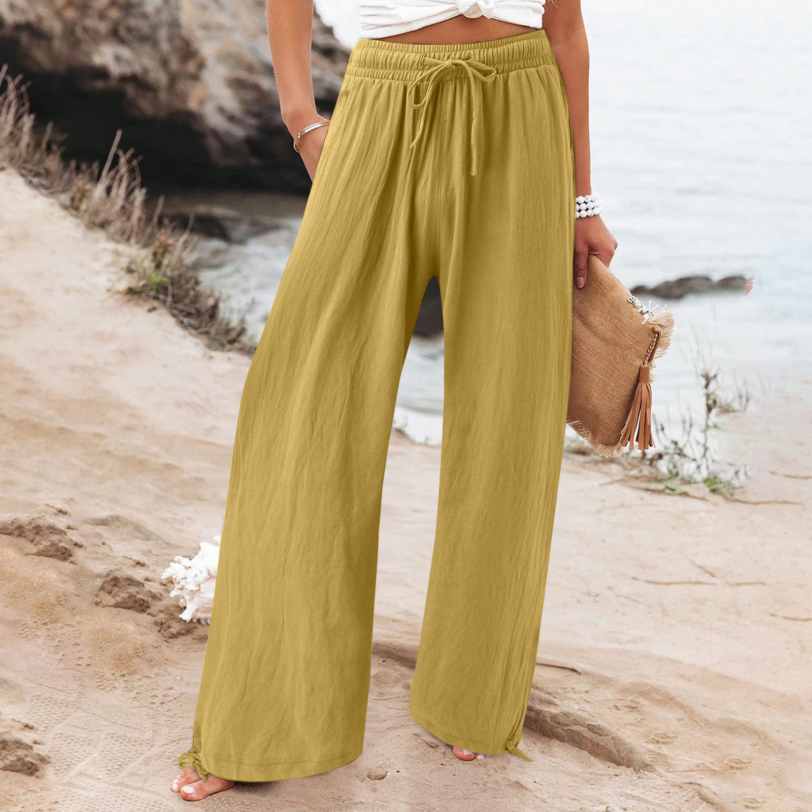 Elastic waist casual solid color wide-leg trousers