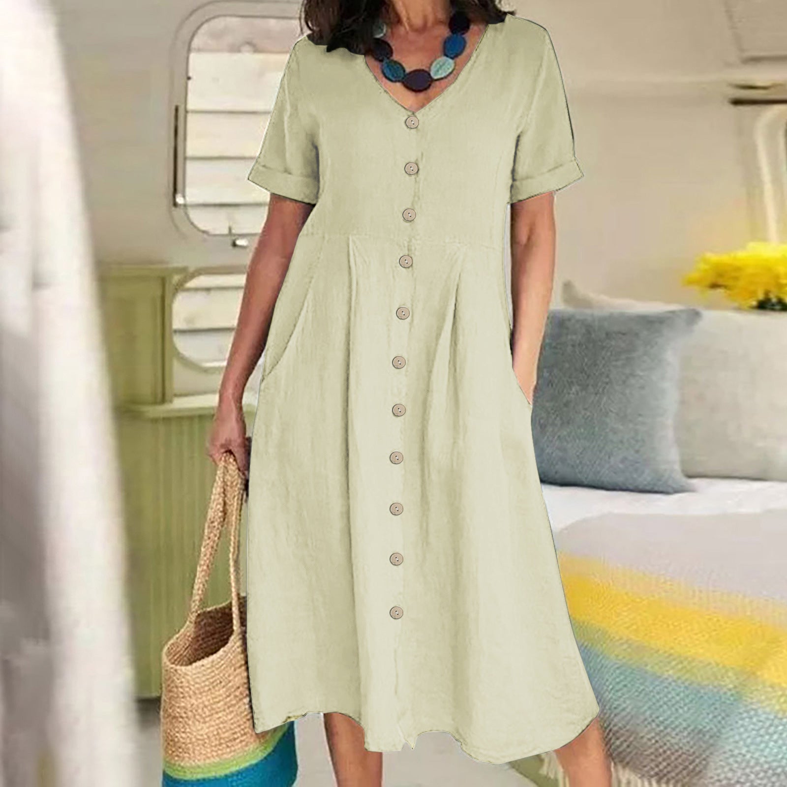 New solid color loose high-waisted cotton linen dress
