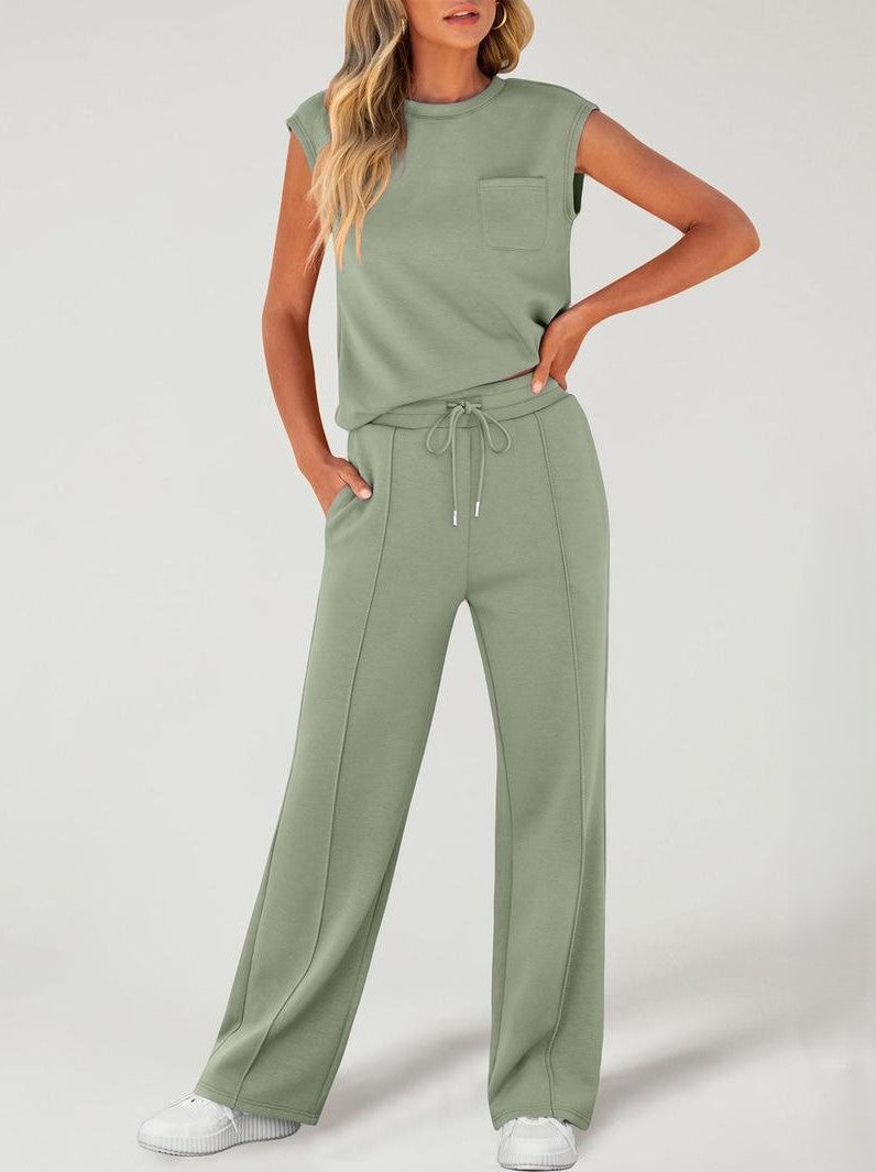 New casual solid color sleeveless top and high-waisted wide-leg pants for women