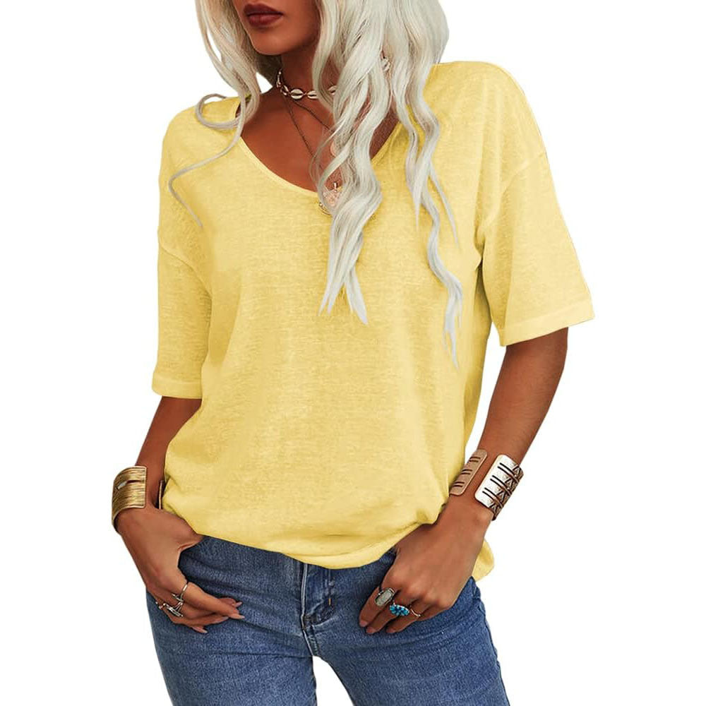 Women's T-shirt, V-neck, short-sleeved, loose-fitting shirt
