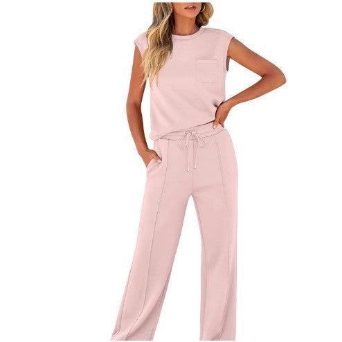 New casual solid color sleeveless top and high-waisted wide-leg pants for women
