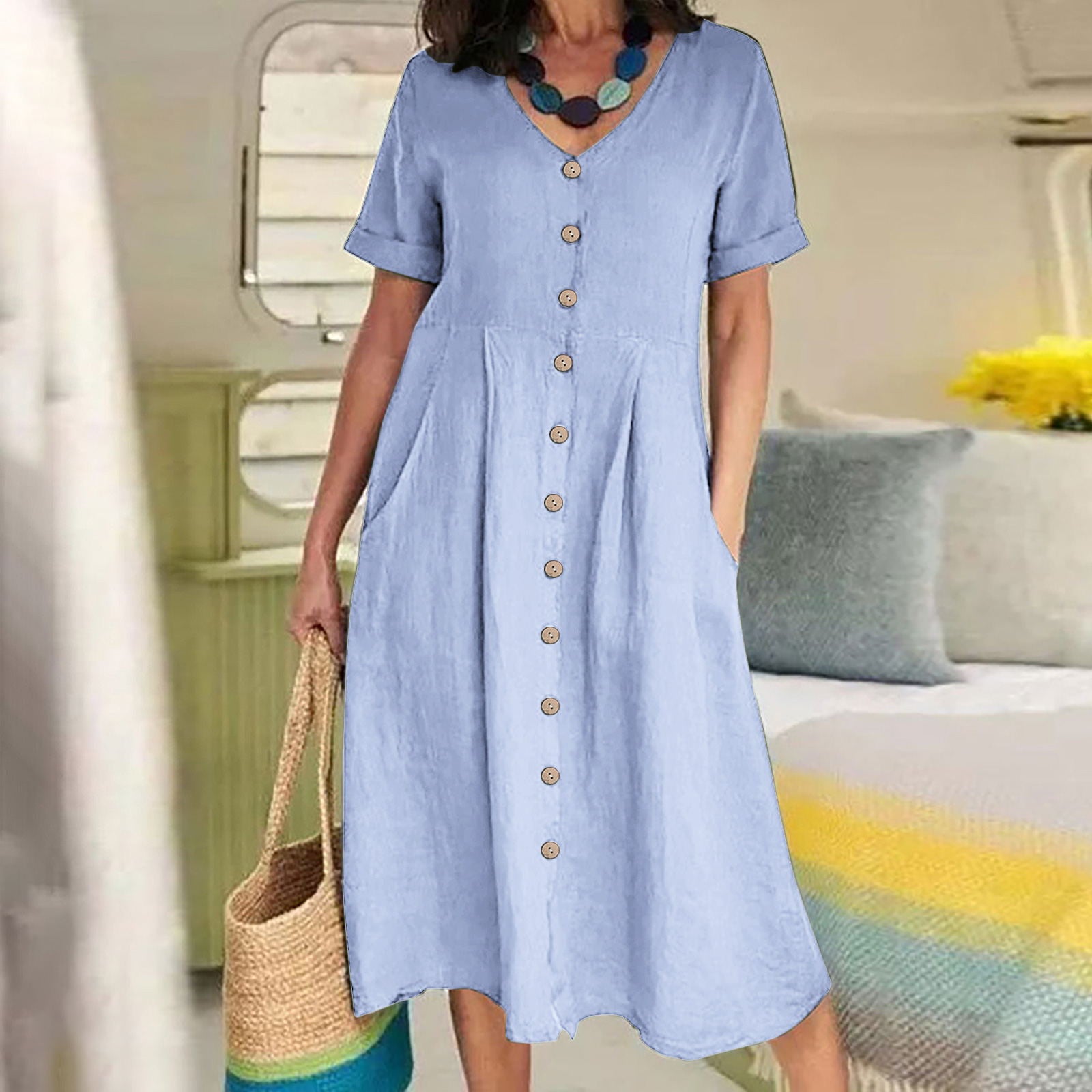 New solid color loose high-waisted cotton linen dress