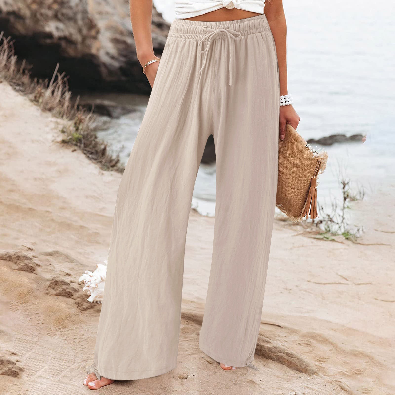 Elastic waist casual solid color wide-leg trousers