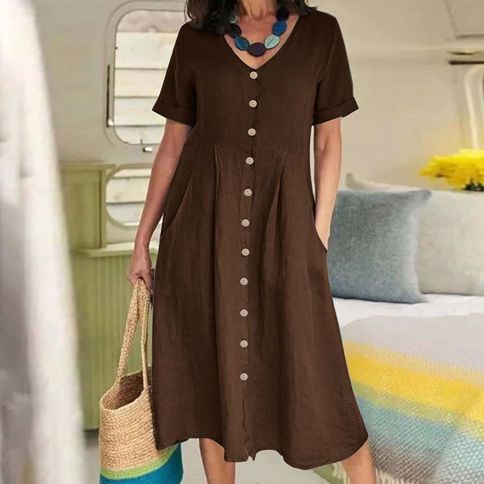 New solid color loose high-waisted cotton linen dress