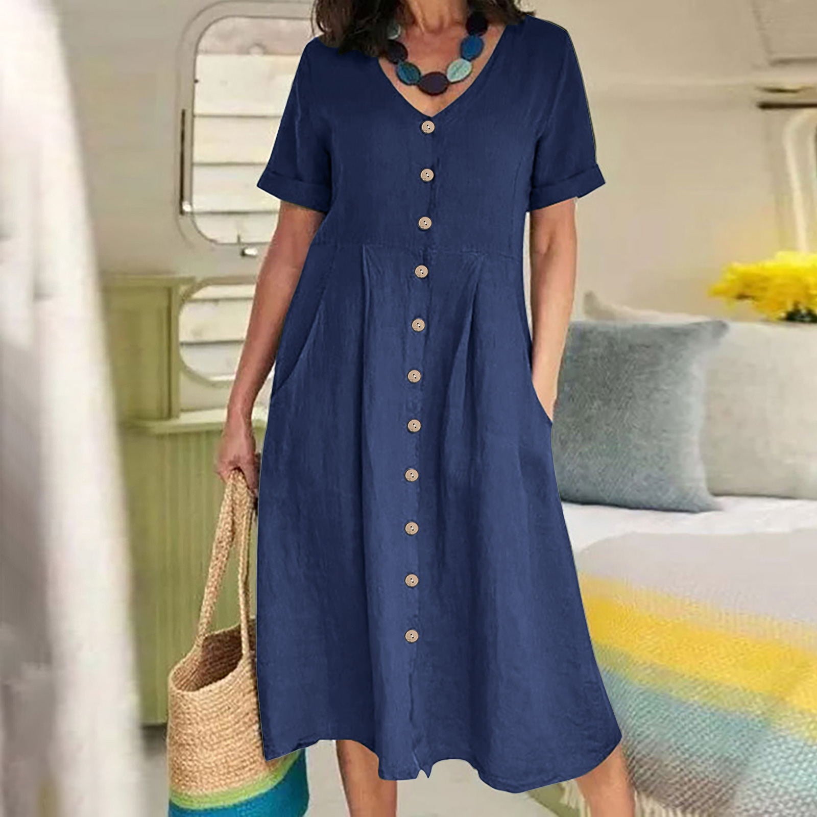 New solid color loose high-waisted cotton linen dress