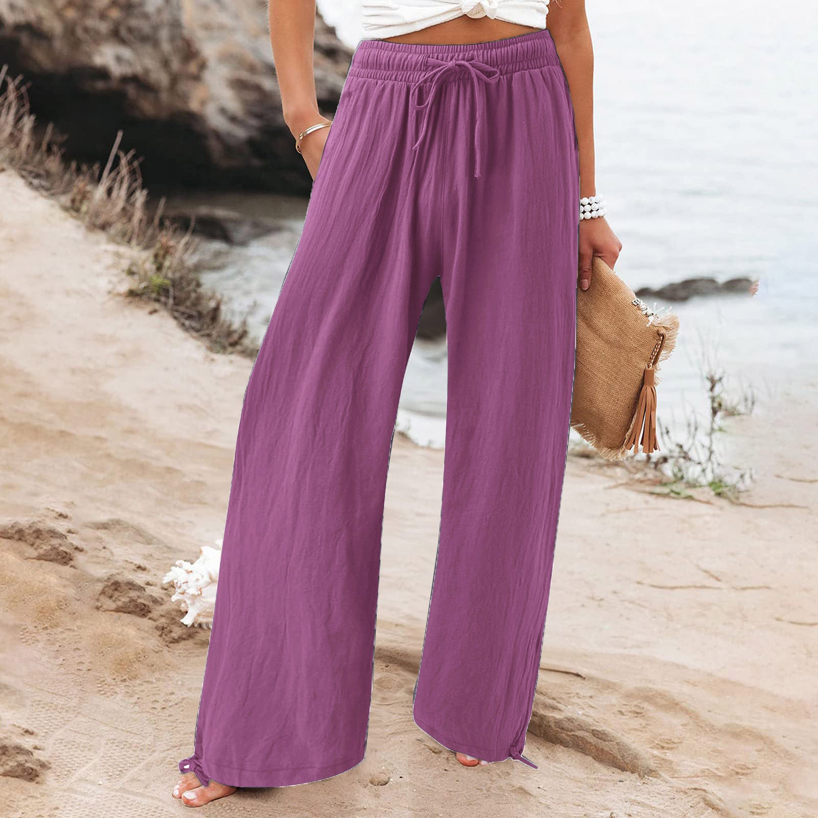 Elastic waist casual solid color wide-leg trousers