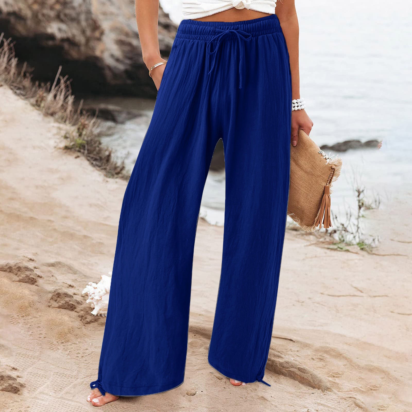 Elastic waist casual solid color wide-leg trousers