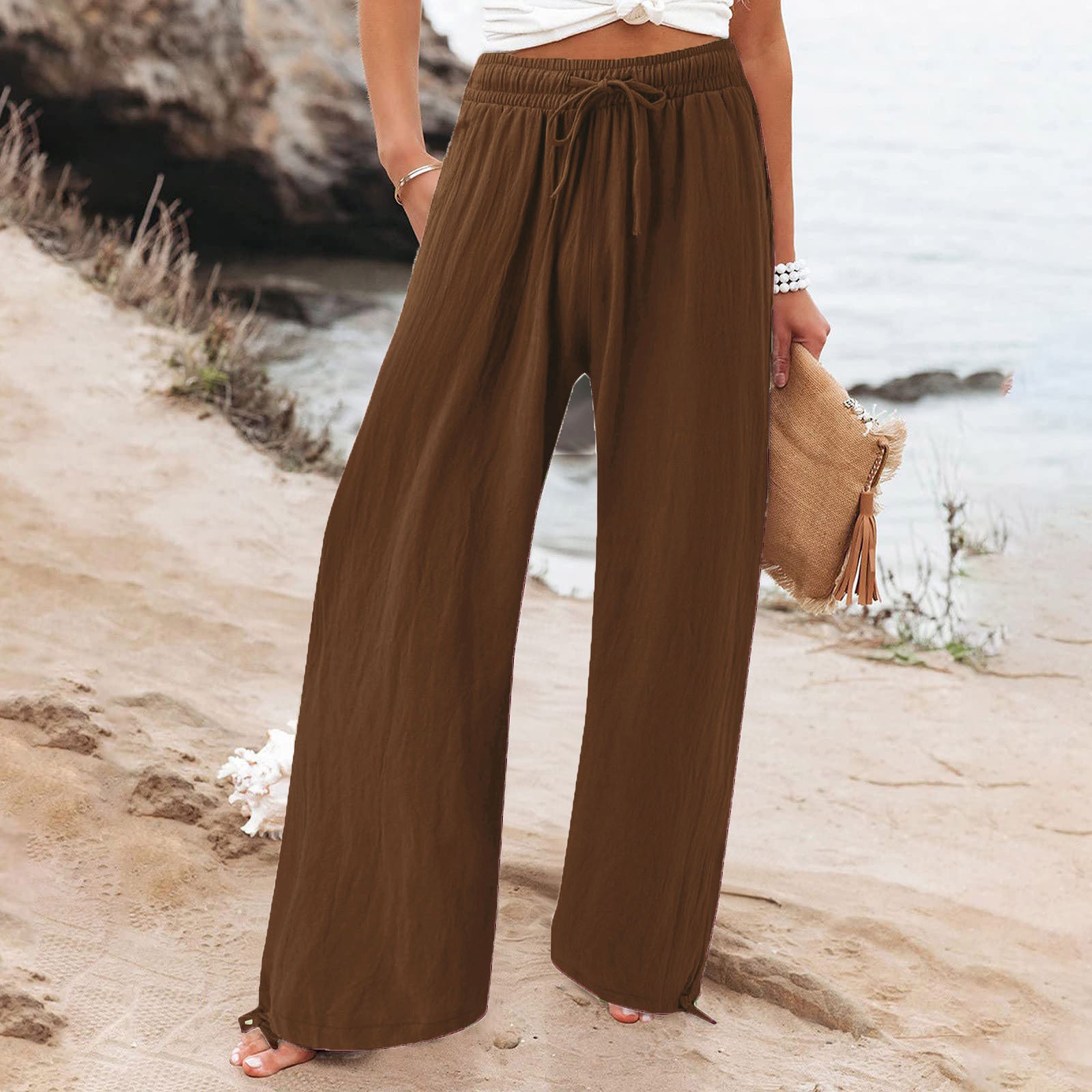 Elastic waist casual solid color wide-leg trousers