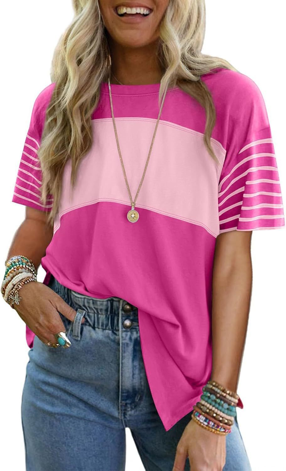 Casual striped color-blocked short-sleeved T-shirt