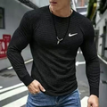 Cotton waffle knit crew neck stretch sports casual long-sleeved T-shirt