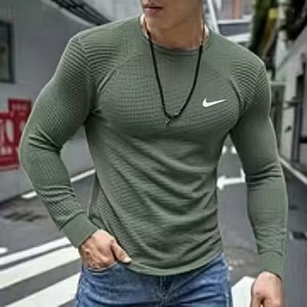 Cotton waffle knit crew neck stretch sports casual long-sleeved T-shirt